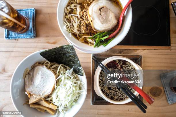 topview of osaka ramen noodle  style with chili soup and tsukemen noodle  japanese style - カレーうどん ストックフォトと画像