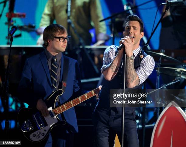 Musicians Mickey Madden and Adam Levine of Maroon 5 perform onstage at The 54th Annual GRAMMY Awards at Staples Center on February 12, 2012 in Los...