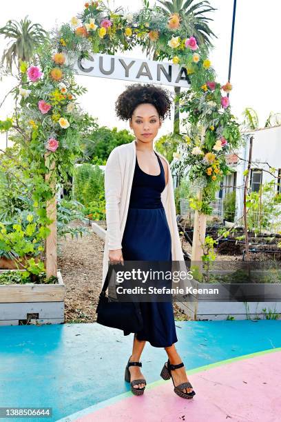 Logan Browning attends a celebration of Cuyana's new Stretch Collection at Little City Farm on March 29, 2022 in Los Angeles, California.