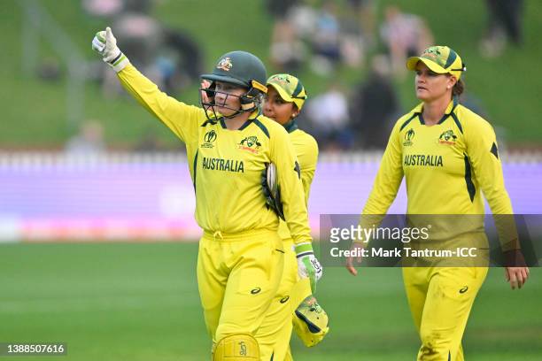 Alyssa Healy of Australia gestures after winning the 2022 ICC Women's Cricket World Cup match between Australia and the West Indies at Basin Reserve...
