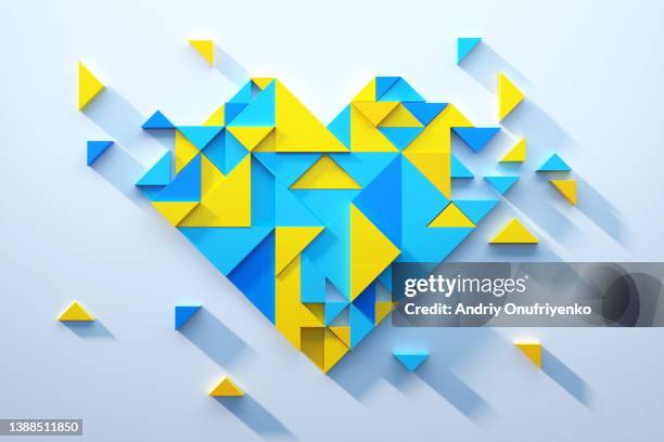 triangular heart shape in blue and yellow colors. - partnership teamwork build stockfoto's en -beelden