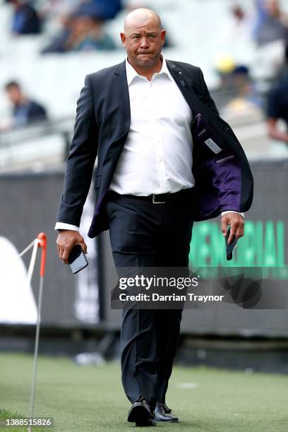 Former cricketer Andrew Symonds attends the state memorial service for former Australian cricketer Shane Warne at the Melbourne Cricket Ground on...