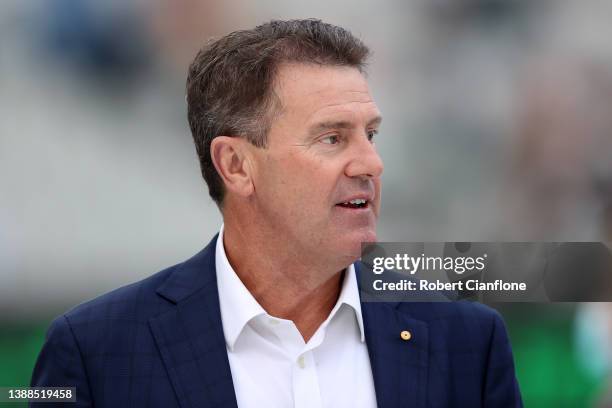 Former cricketer Mark Taylor attends the state memorial service for former Australian cricketer Shane Warne at the Melbourne Cricket Ground on March...