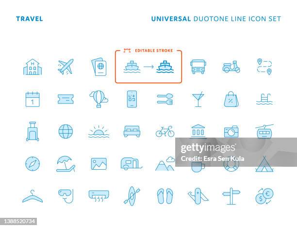 travel concept universal duotone flat line icon set mit editierbarer kontur. icons eignen sich für webseiten-, mobile app-, ui-, ux- und gui-design. - two tone stock-grafiken, -clipart, -cartoons und -symbole