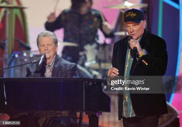 Musicians Brian Wilson and Mike Love of The Beach Boys perform onstage at the 54th Annual GRAMMY Awards held at Staples Center on February 12, 2012...