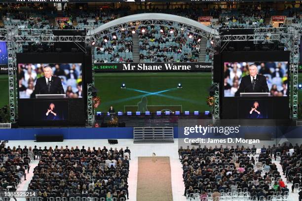 Master of Ceremonies Eddie McGuire speaks at the beginning of the state memorial service for former Australian cricketer Shane Warne at the Melbourne...