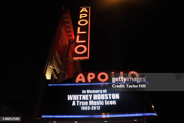 The Apollo Theatre on the streets of Manhattan on February 12, 2012 in New York City. Singer Whitney Houston died on February 11, 2012 at The Beverly...