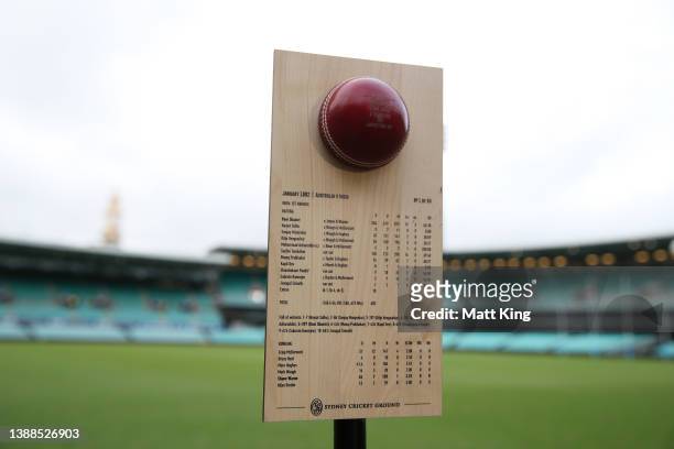 General view of memorabilia showing Shane Warne's Sydney Cricket Ground Test wickets during the simulcast of the state memorial service for...