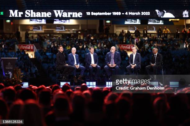 Mark Howard, Allan Border, Mark Taylor, Merv Hughes, Nasser Hussain and Brian Lara talk on stage during the state memorial service for former...