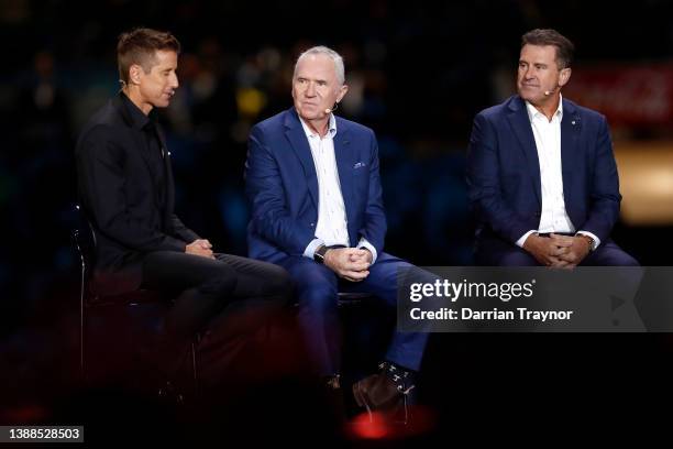 Mark Howard talks to former Australian cricketers Allan Border during the state memorial service for former Australian cricketer Shane Warne at the...