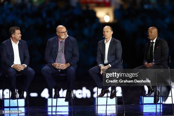 Mark Taylor, Merv Hughes, Nasser Hussain and Brian Lara talk on stage during the state memorial service for former Australian cricketer Shane Warne...