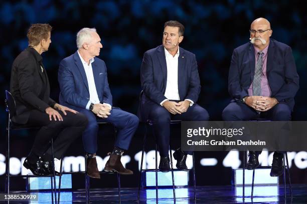 Mark Howard, Allan Border, Mark Taylor and Merv Hughes talk on stage during the state memorial service for former Australian cricketer Shane Warne at...