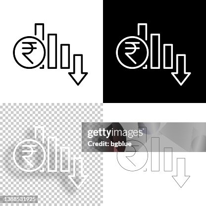 Indian rupee rate decrease. Icon for design. Blank, white and black backgrounds - Line icon Indian rupee rate decrease. Icon for design. Blank, white and black backgrounds - Line icon