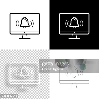 Desktop computer with ringing bell - Notification. Icon for design. Blank, white and black backgrounds - Line icon Desktop computer with ringing bell - Notification. Icon for design. Blank, white and black backgrounds - Line icon