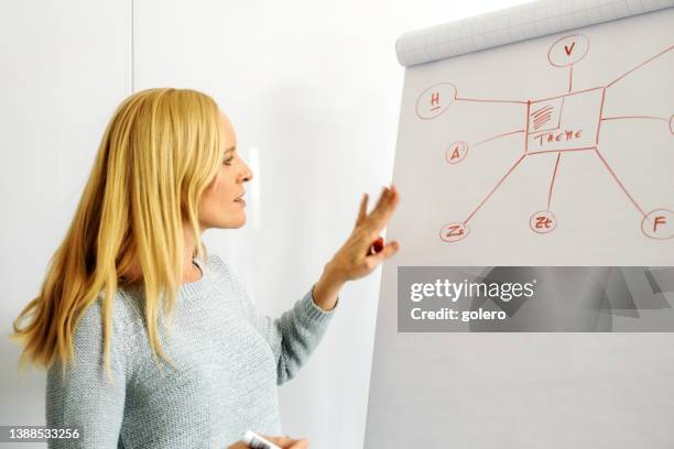 portrait of woman explaining concept at flipchart - head of policy stock pictures, royalty-free photos & images