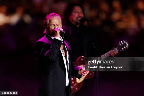 Singer Jon Stevens performs during the state memorial service for former Australian cricketer Shane Warne at the Melbourne Cricket Ground on March...