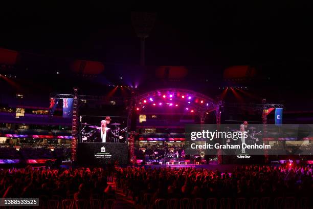 Singer Jon Stevens performs during the state memorial service for former Australian cricketer Shane Warne at the Melbourne Cricket Ground on March...