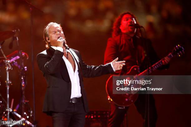 Singer Jon Stevens performs during the state memorial service for former Australian cricketer Shane Warne at the Melbourne Cricket Ground on March...