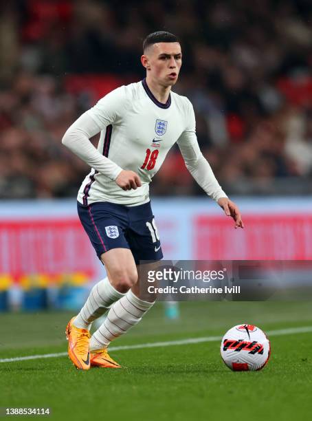 Phil Foden of England during the international friendly match between England and Cote D'Ivoire at Wembley Stadium on March 29, 2022 in London,...