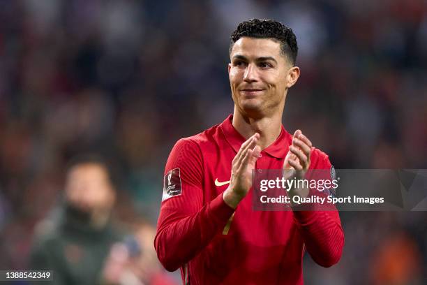 Cristiano Ronaldo of Portugal celebrates the victory at the end of the 2022 FIFA World Cup Qualifier knockout round play-off match between Portugal...