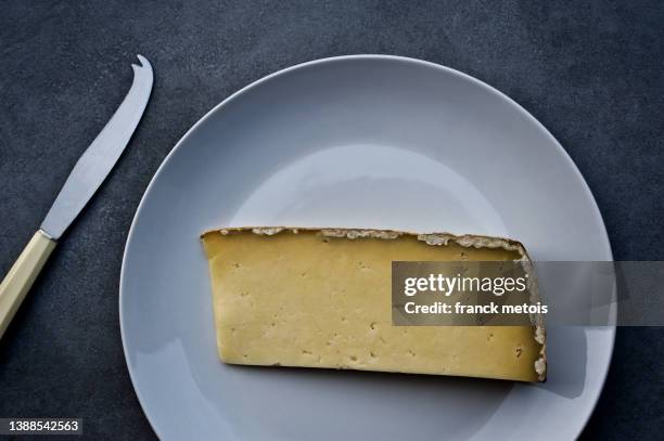 slice of cantal cheese - cantal fotografías e imágenes de stock