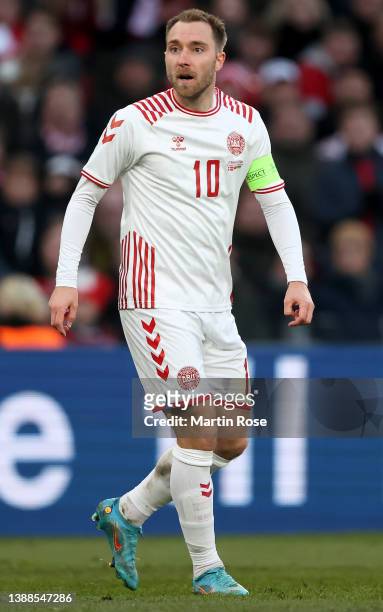 Christian Eriksen of Denmark react during the international friendly match between Denmark and Serbia at Parken Stadium on March 29, 2022 in...