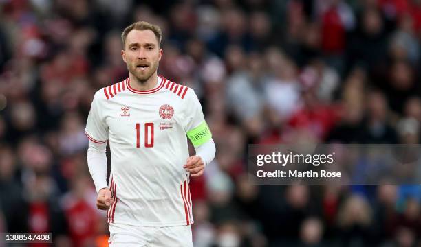 Christian Eriksen of Denmark react during the international friendly match between Denmark and Serbia at Parken Stadium on March 29, 2022 in...