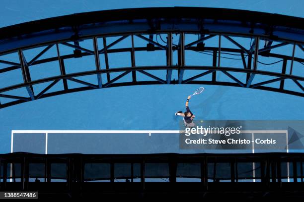 Cameron Norrie of Britain serves against Taylor Fritz of the United States during their 2022 ATP Cup tie on day six between Britain and The United...