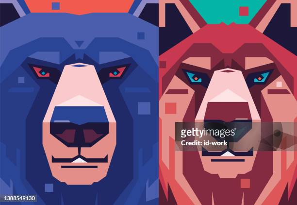 stockillustraties, clipart, cartoons en iconen met wolf and bear head - angry bear face
