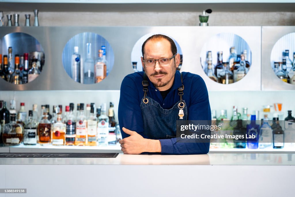 Waiter posing looking at camera from behind the bar counter