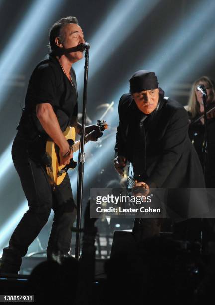 Musician Bruce Springsteen and Steven Van Zant of the E Street Band perform onstage at The 54th Annual GRAMMY Awards at Staples Center on February...