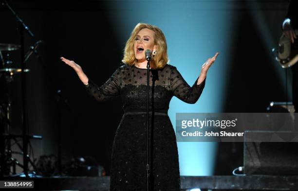 Singer Adele performs onstage at The 54th Annual GRAMMY Awards at Staples Center on February 12, 2012 in Los Angeles, California.
