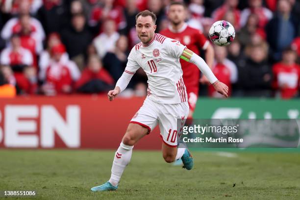 Christian Eriksen of Denmark controls the ball during the international friendly match between Denmark and Serbia at Parken Stadium on March 29, 2022...
