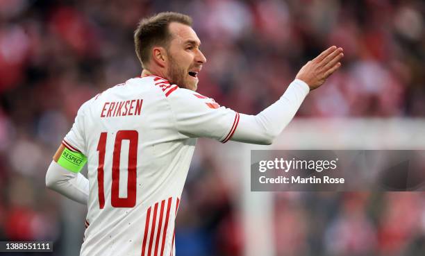 Christian Eriksen of Denmark reacts during the international friendly match between Denmark and Serbia at Parken Stadium on March 29, 2022 in...