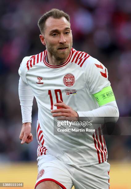 Christian Eriksen of Denmark reacts during the international friendly match between Denmark and Serbia at Parken Stadium on March 29, 2022 in...