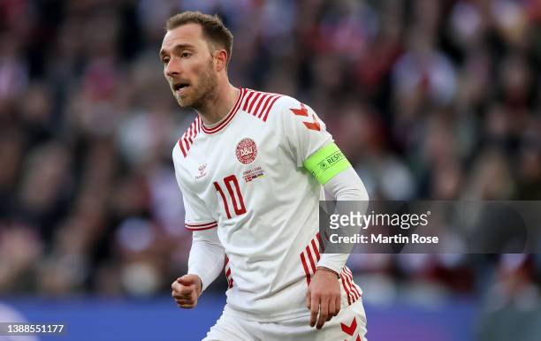 Christian Eriksen of Denmark reacts during the international friendly match between Denmark and Serbia at Parken Stadium on March 29, 2022 in...