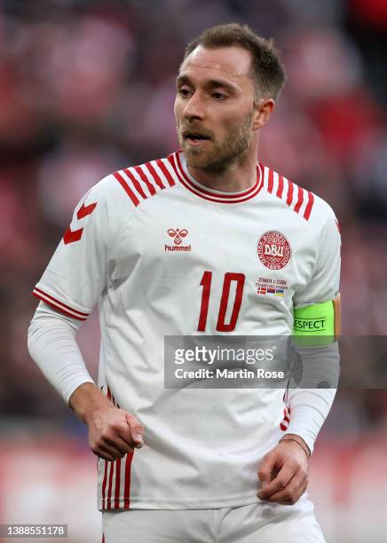 Christian Eriksen of Denmark reacts during the international friendly match between Denmark and Serbia at Parken Stadium on March 29, 2022 in...