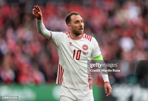 Christian Eriksen of Denmark reacts during the international friendly match between Denmark and Serbia at Parken Stadium on March 29, 2022 in...