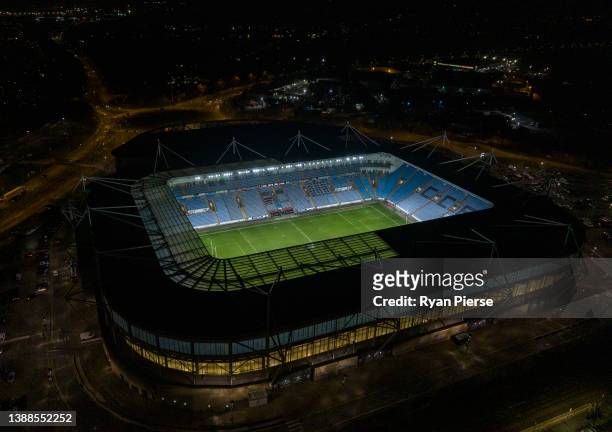 An aerial view of Coventry Building Society Arena after the Premiership Rugby Cup match between Wasps and Saracens at The Coventry Building Society...