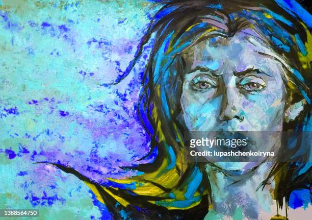 illustration oil painting portrait of young woman with long dark hair against bright background  in blue tones - emotional intelligence stock illustrations