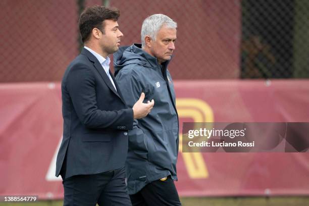 Roma Sports Director Tiago Pinto and coach Josè Mourinho during training session at Centro Sportivo Fulvio Bernardini on March 30, 2022 in Rome,...