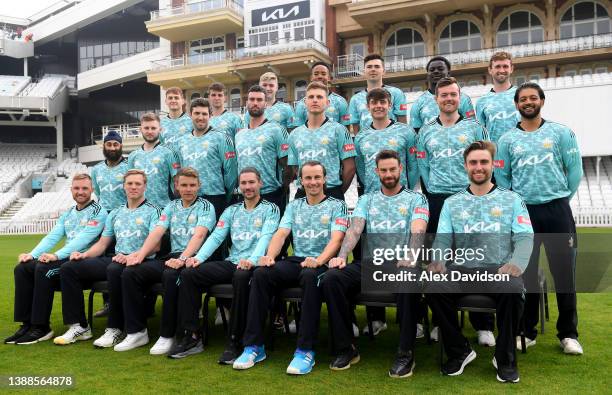 Surrey CCC pose for a photo in their Vitality Blast kit during the Surrey CCC Photocall at The Kia Oval on March 30, 2022 in London, England.