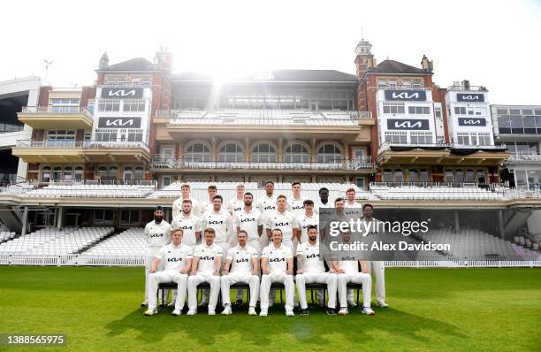 Surrey CCC pose for a photo in their LV County Championship kit during the Surrey CCC Photocall at The Kia Oval on March 30, 2022 in London, England.