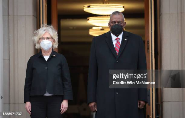 Secretary of Defense Lloyd Austin welcomes German Defense Minister Christine Lambrecht to the Pentagon during an enhanced honor cordon ceremony March...