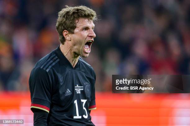Thomas Muller of Germany is celebrating his goal during the International Friendly match between the Netherlands and Germany at the Johan Cruijff...