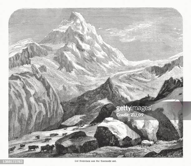 matterhorn, viewed from valtournenche, italy, wood engraving, published 1870 - valle d'aosta stock illustrations