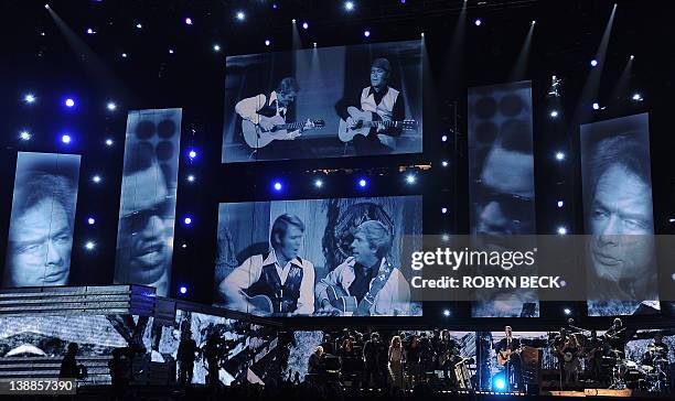 Singer Blake Shelton pays tribute to Glen Campbell at the Staples Center during the 54th Grammy Awards in Los Angeles, California, February 12, 2012....