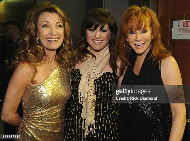 Actress Jane Seymour and singers Kelly Clarkson and Reba McEntire attend The 54th Annual GRAMMY Awards at Staples Center on February 12, 2012 in Los...