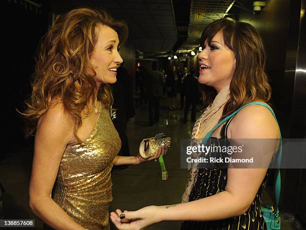 Actress Jane Seymour and singer Kelly Clarkson attend The 54th Annual GRAMMY Awards at Staples Center on February 12, 2012 in Los Angeles, California.