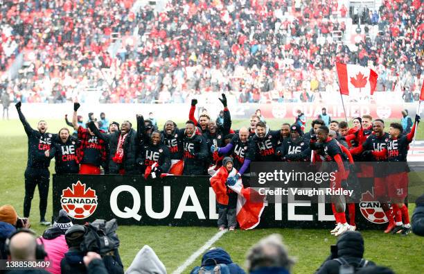 Canada celebrates after the final whistle following a 2022 World Cup Qualifying match against Jamaica at BMO Field on March 27, 2022 in Toronto,...